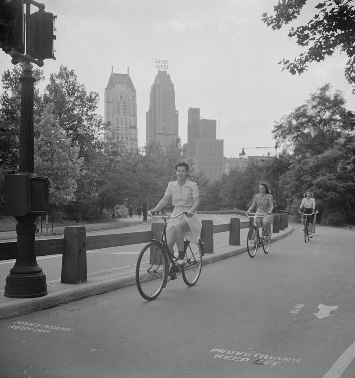 Women cycling in Central Park in New York City. Many Americans during World War 2 would end up bicycling instead of driving 